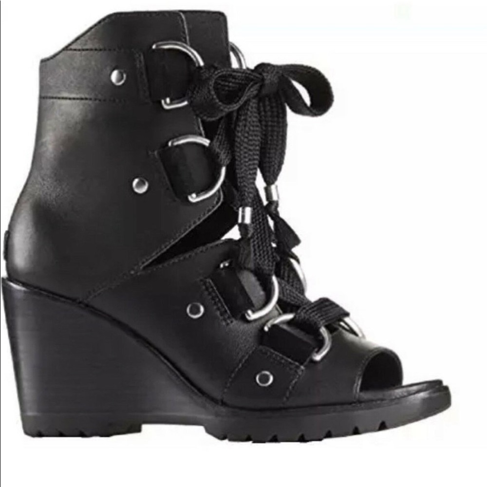 NIB Sorel After Hours Leather D Ring Lace up Wedge Sandal Bootie sz 9